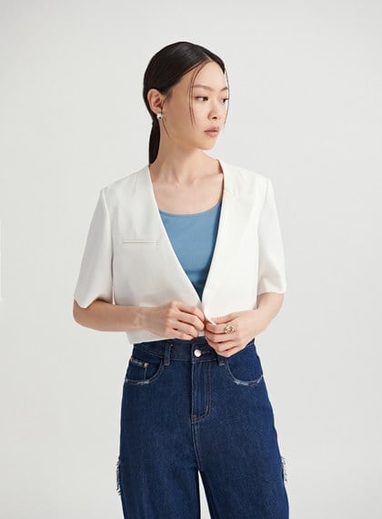 不對稱無領短袖西裝外套