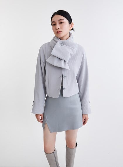 鋪棉圍巾立體坑條短版外套