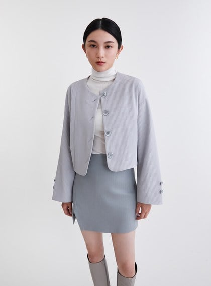 鋪棉圍巾立體坑條短版外套