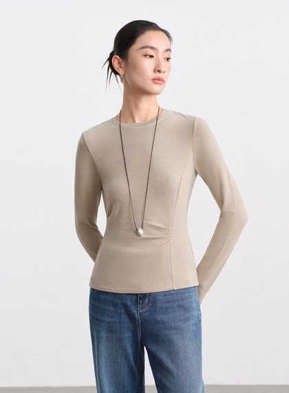 不對稱抓褶圓領發熱上衣