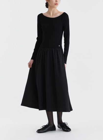 船領細羅紋抽皺長洋裝