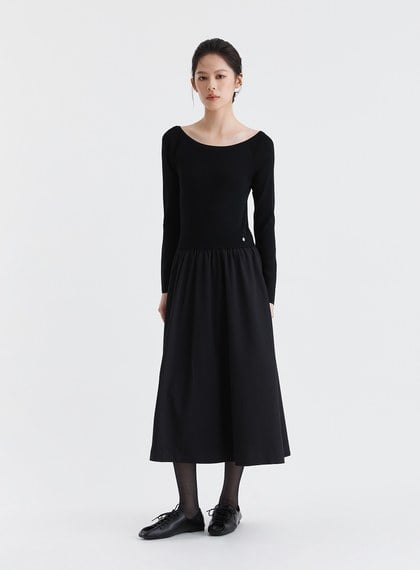 船領細羅紋抽皺長洋裝